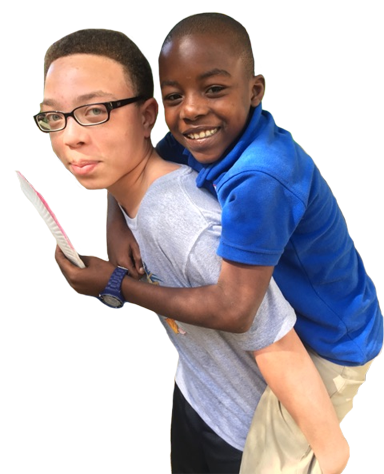 Student Giving D.R. Child A Piggy Back Ride